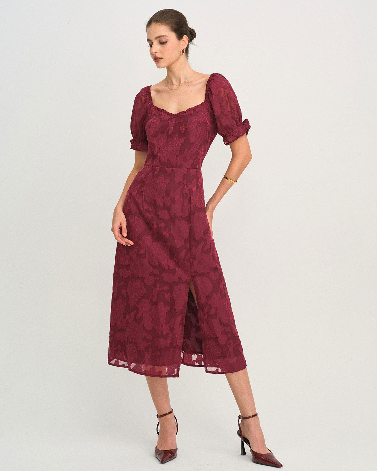 Vestido Midi Jacquard Rojo Vino con Abertura
