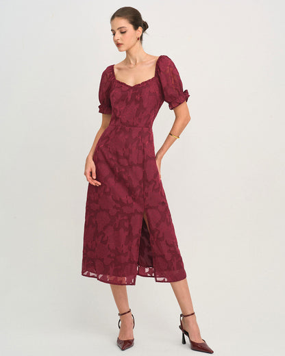 Vestido Midi Jacquard Rojo Vino con Abertura