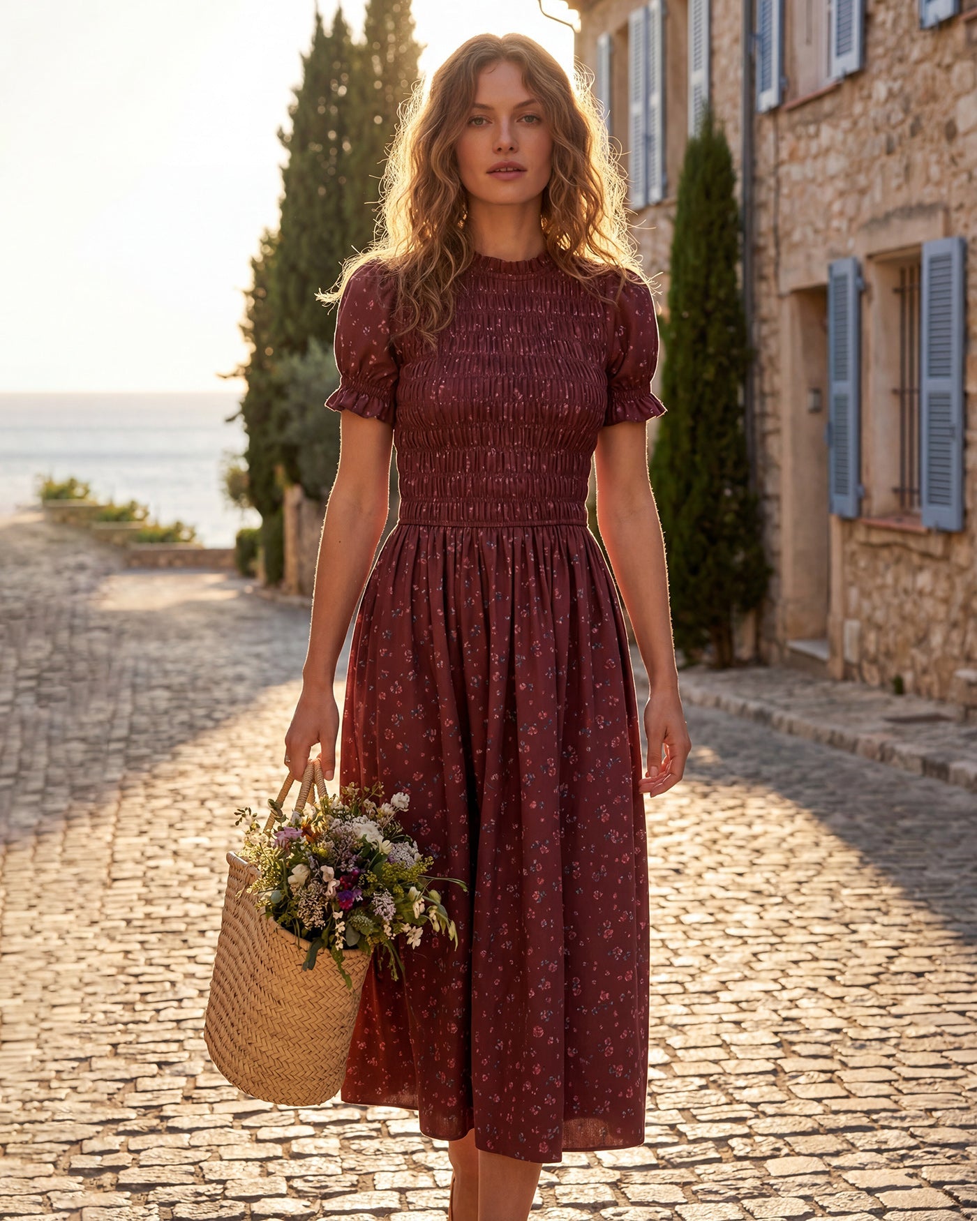 Vestido Midi de Manga Abullonada con Estampado Floral en Rojo Vino