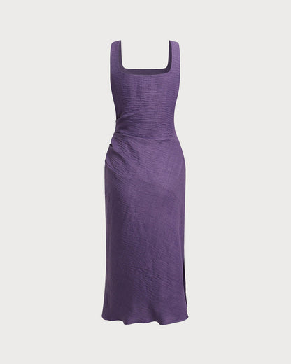 Vestido Midi Sin Mangas de Cuello Cuadrado Púrpura