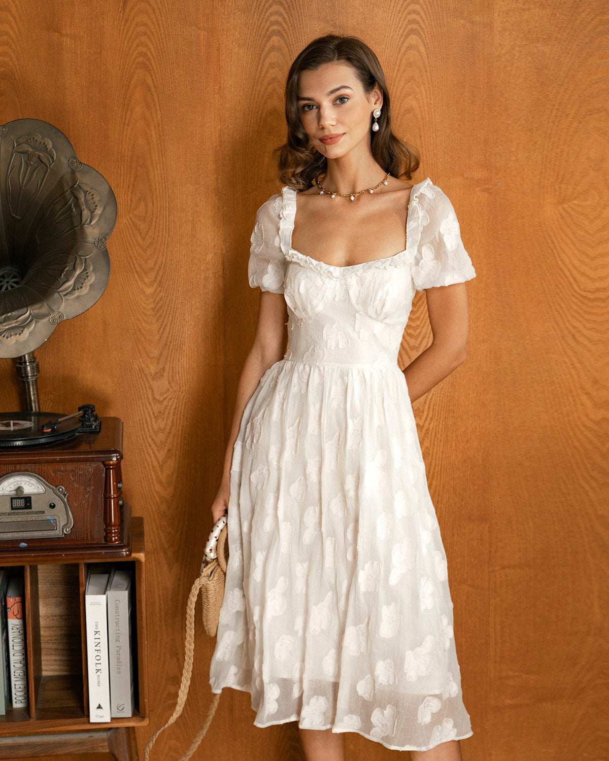 Vestido Midi de Manga Abullonada con Escote Cuadrado Beige