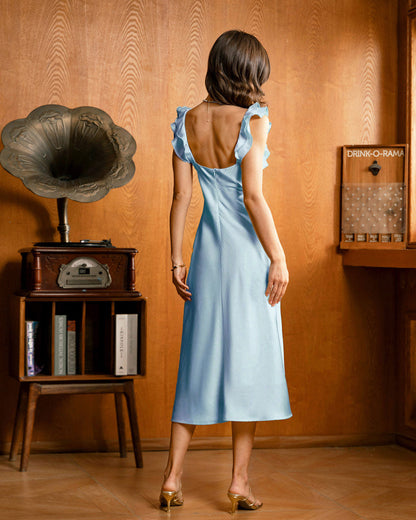 Vestido Midi de Satén con Cuello Cuadrado y Volantes en Azul