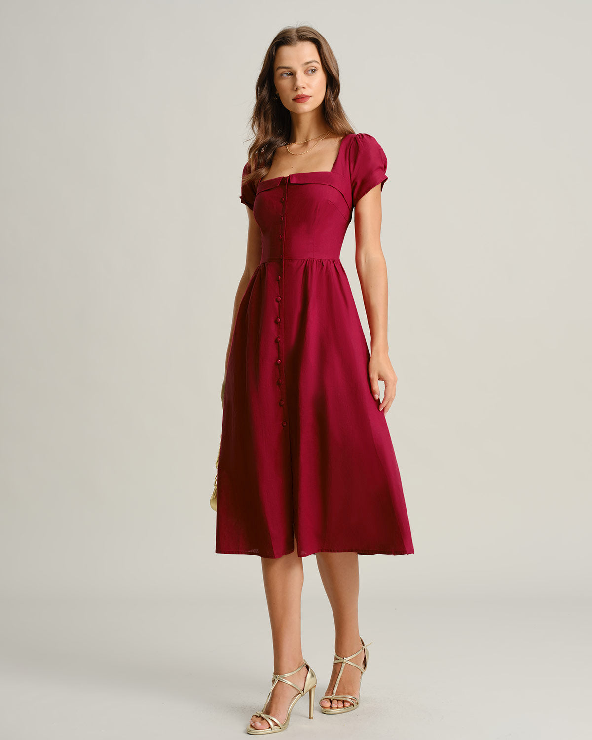 Vestido Midi A-Line de Cuello Cuadrado Color Vino