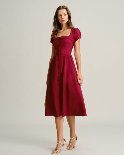 Vestido Midi A-Line de Cuello Cuadrado Color Vino