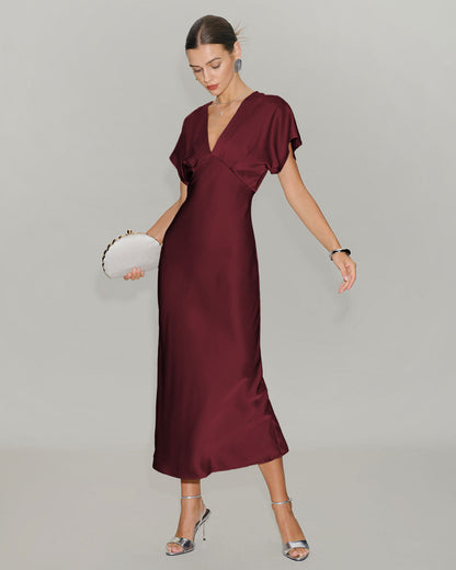 Vestido Midi de Satén Rojo Vino con Mangas de Cowl