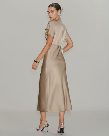 Vestido Midi A-Line de Satén Melocotón con Escote en V