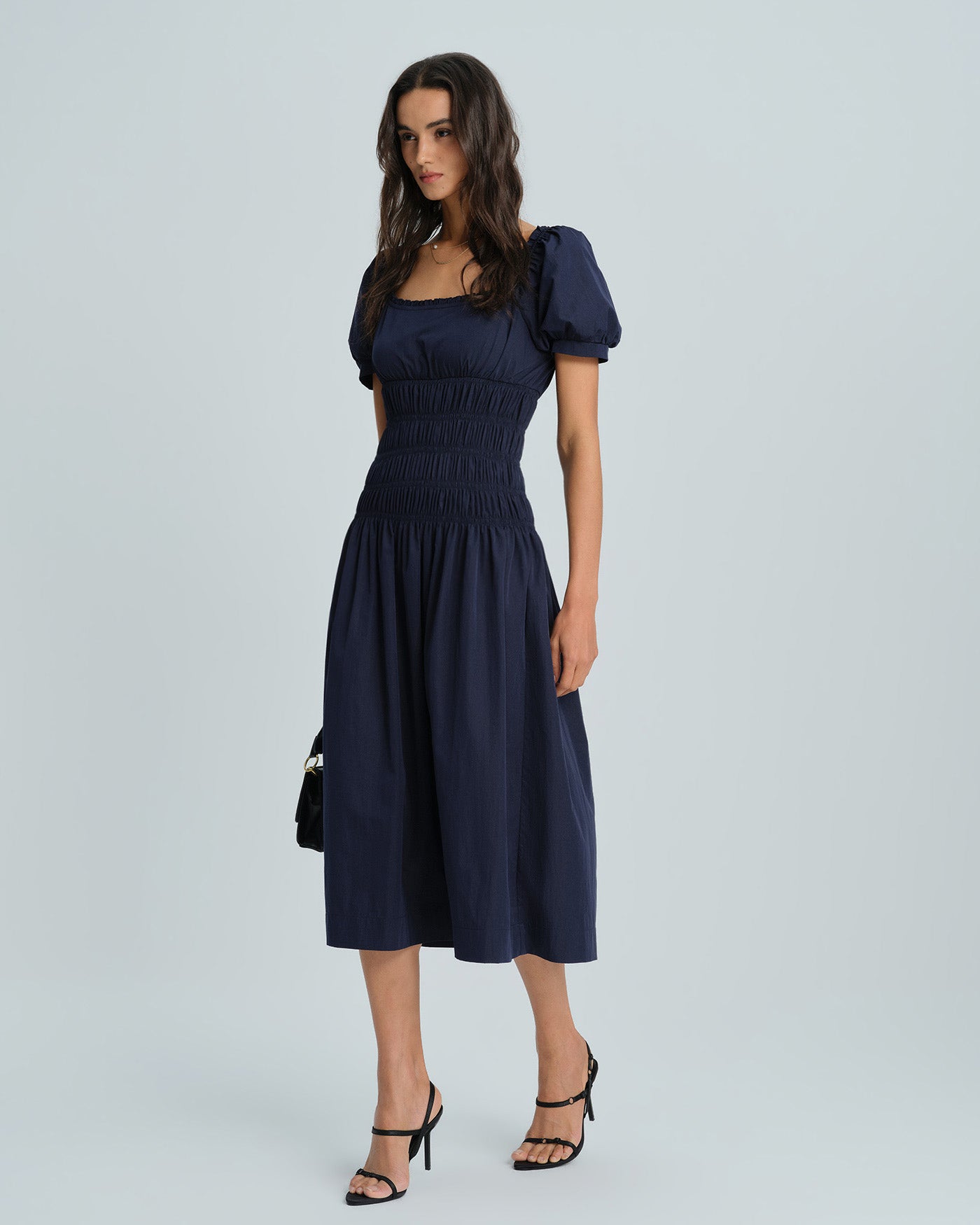 Vestido Midi Con Mangas Abullonadas Azules