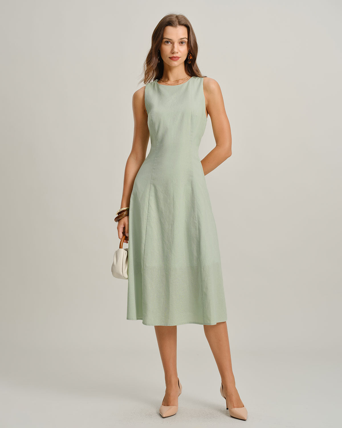 Vestido Midi Sin Mangas de Cuello Redondo Verde