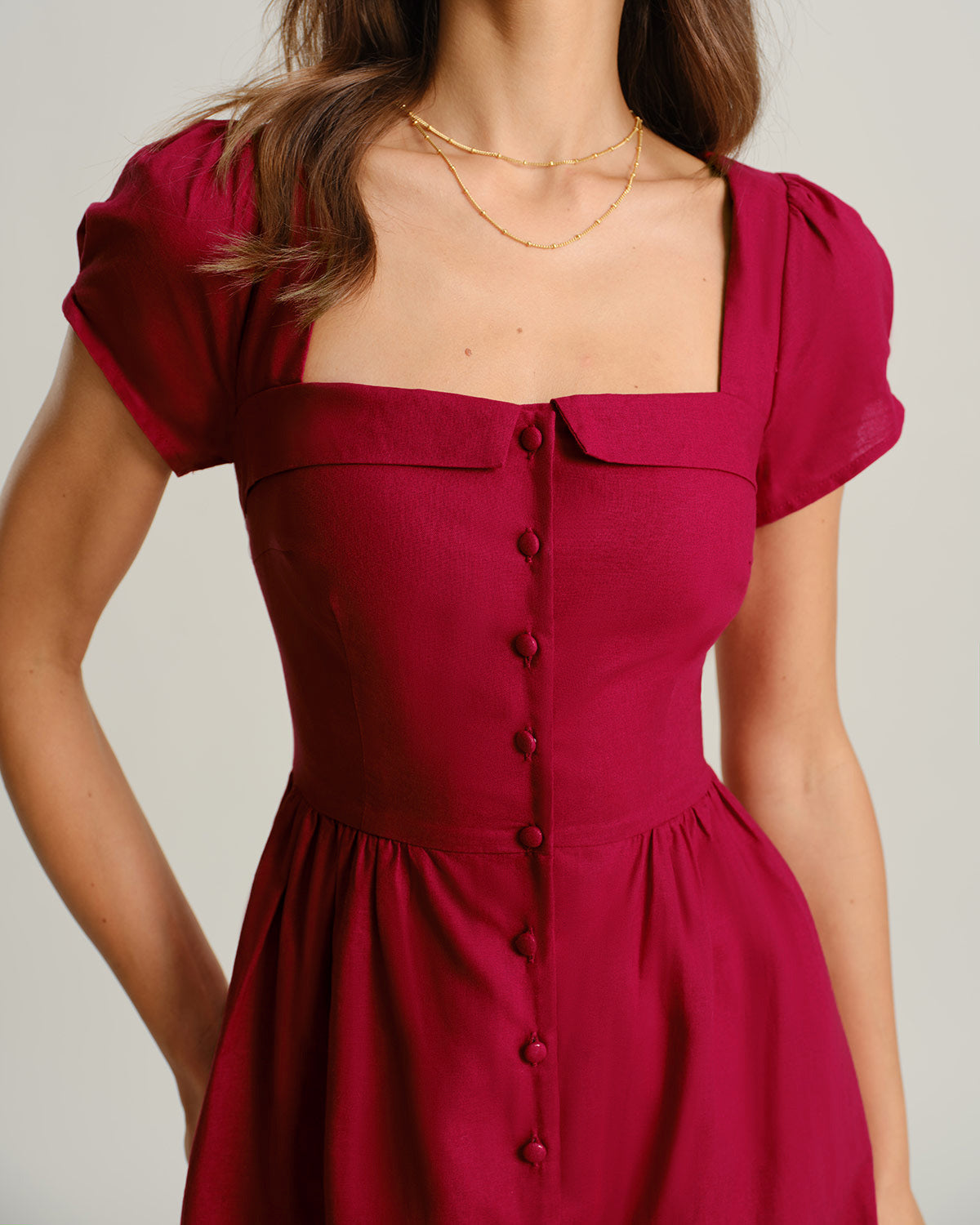 Vestido Midi A-Line de Cuello Cuadrado Color Vino