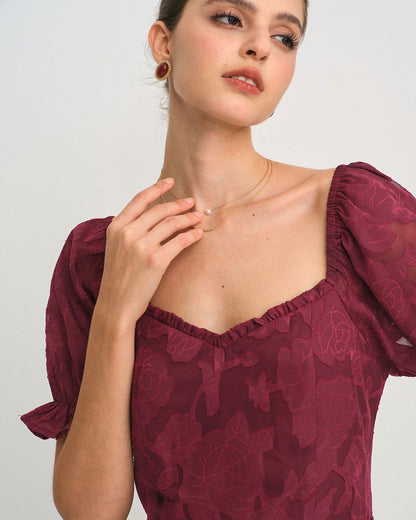 Vestido Midi Jacquard Rojo Vino con Abertura