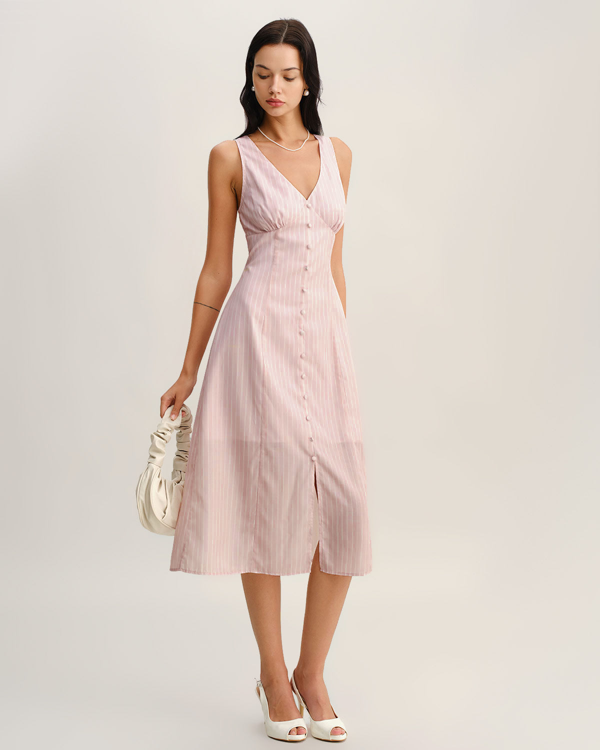 Vestido Midi Sin Mangas de Cuello en V a Rayas Rosadas