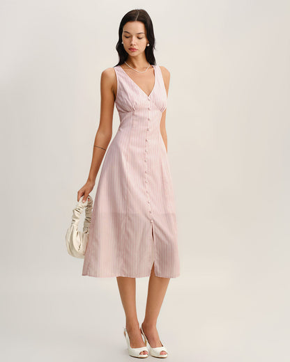 Vestido Midi Sin Mangas de Cuello en V a Rayas Rosadas