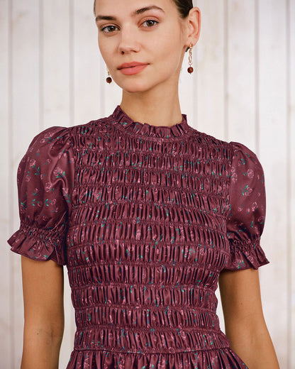 Vestido Midi de Manga Abullonada con Estampado Floral en Rojo Vino