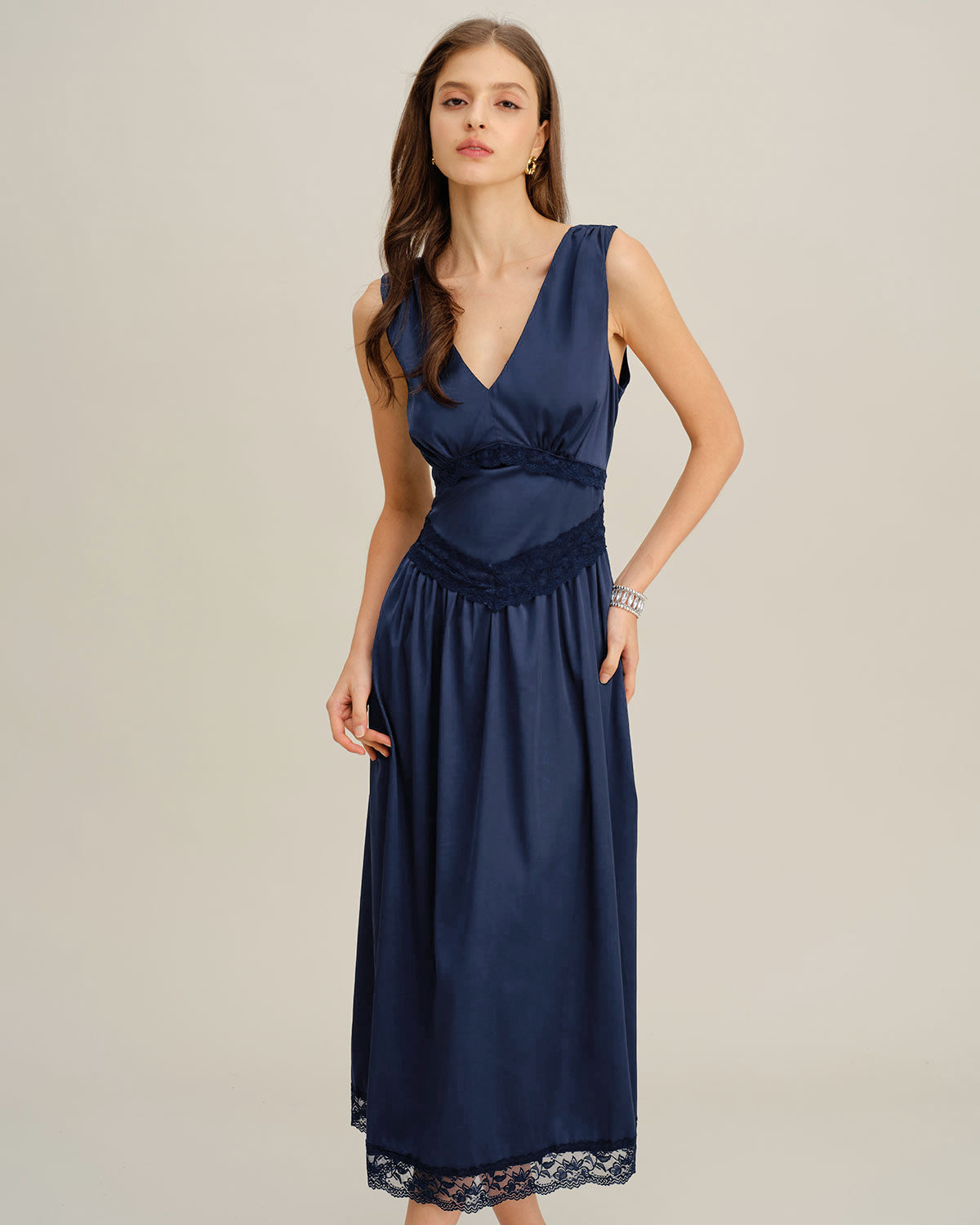 Vestido Midi Sin Mangas A-Line de Cuello en V Azul