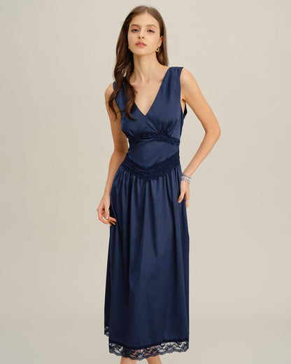 Vestido Midi Sin Mangas A-Line de Cuello en V Azul