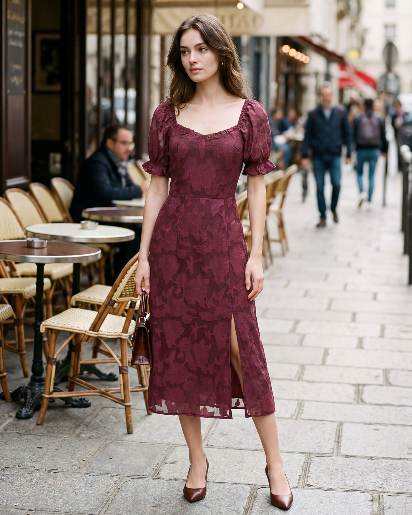 Vestido Midi Jacquard Rojo Vino con Abertura
