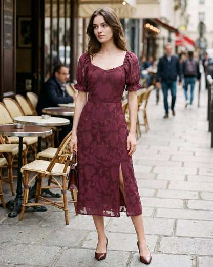 Vestido Midi Jacquard Rojo Vino con Abertura