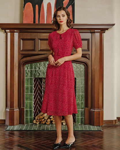 Vestido Midi de Chiffon con Lunares Rojos