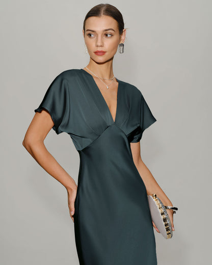 Vestido Midi de Satén Verde Gris con Mangas de Capucha