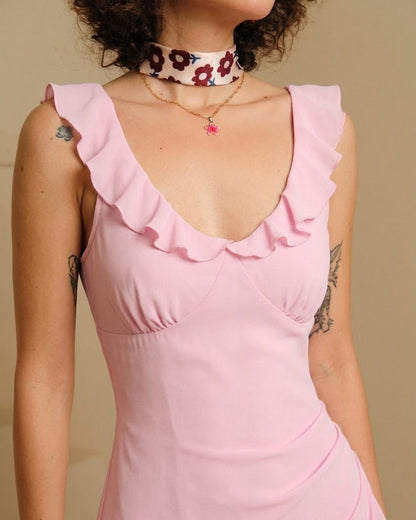 Vestido Midi Sin Mangas con Volantes y Escote en V Rosa
