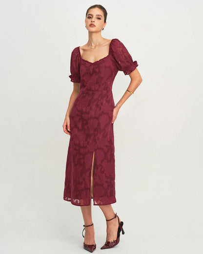 Vestido Midi Jacquard Rojo Vino con Abertura