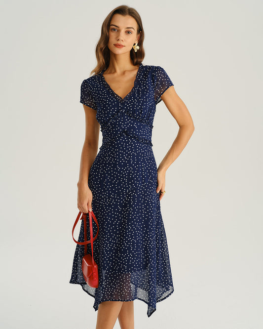 Vestido Midi de Manga Corta con Lunares en Color Marino