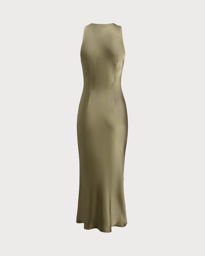 Vestido Midi Sin Mangas de Satén Verde