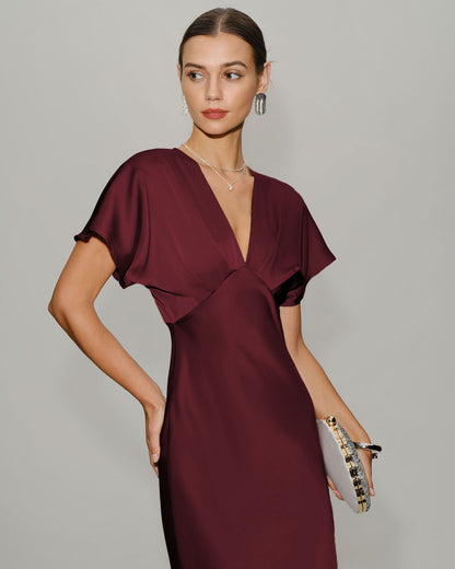 Vestido Midi de Satén Rojo Vino con Mangas de Cowl