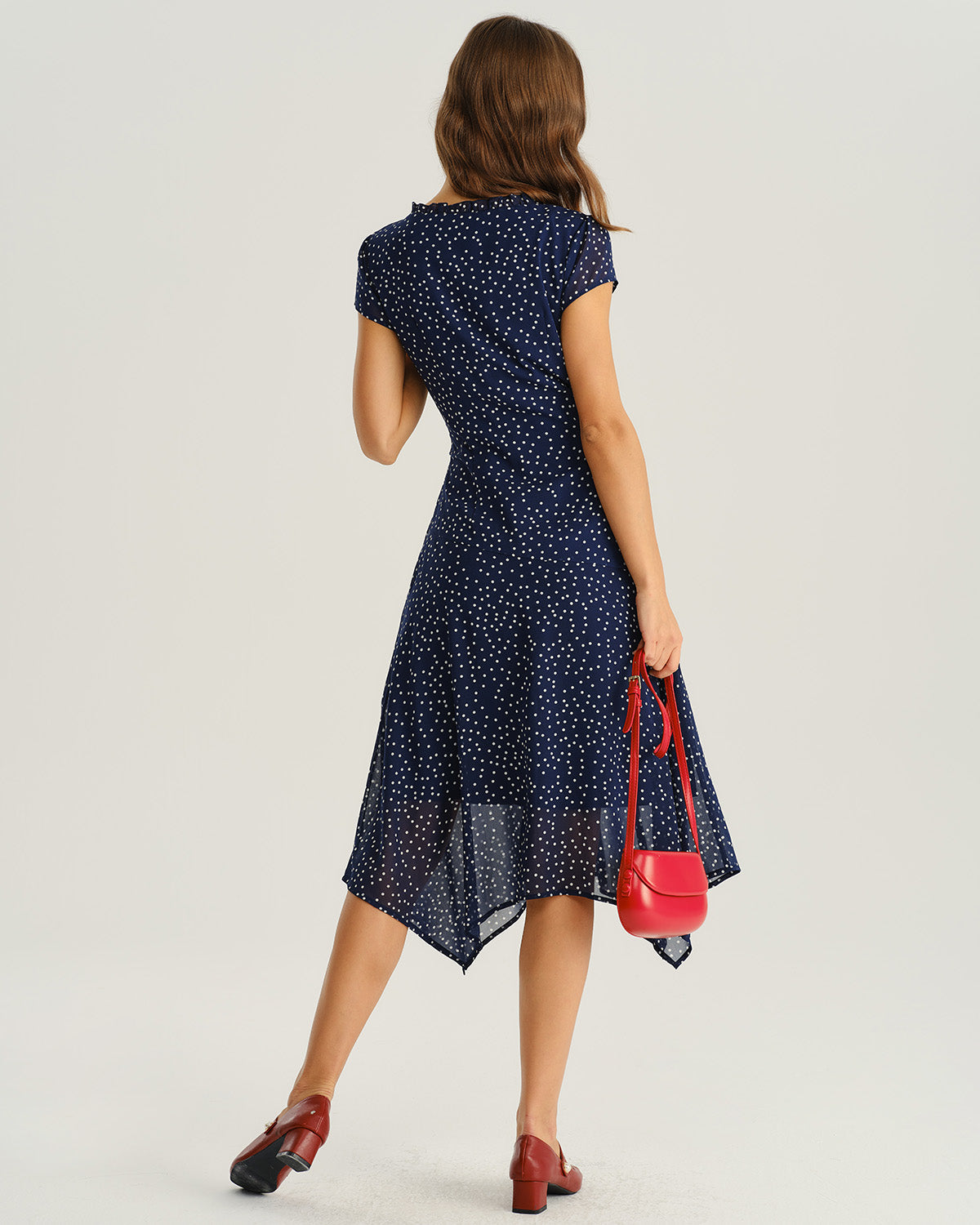 Vestido Midi de Manga Corta con Lunares en Color Marino