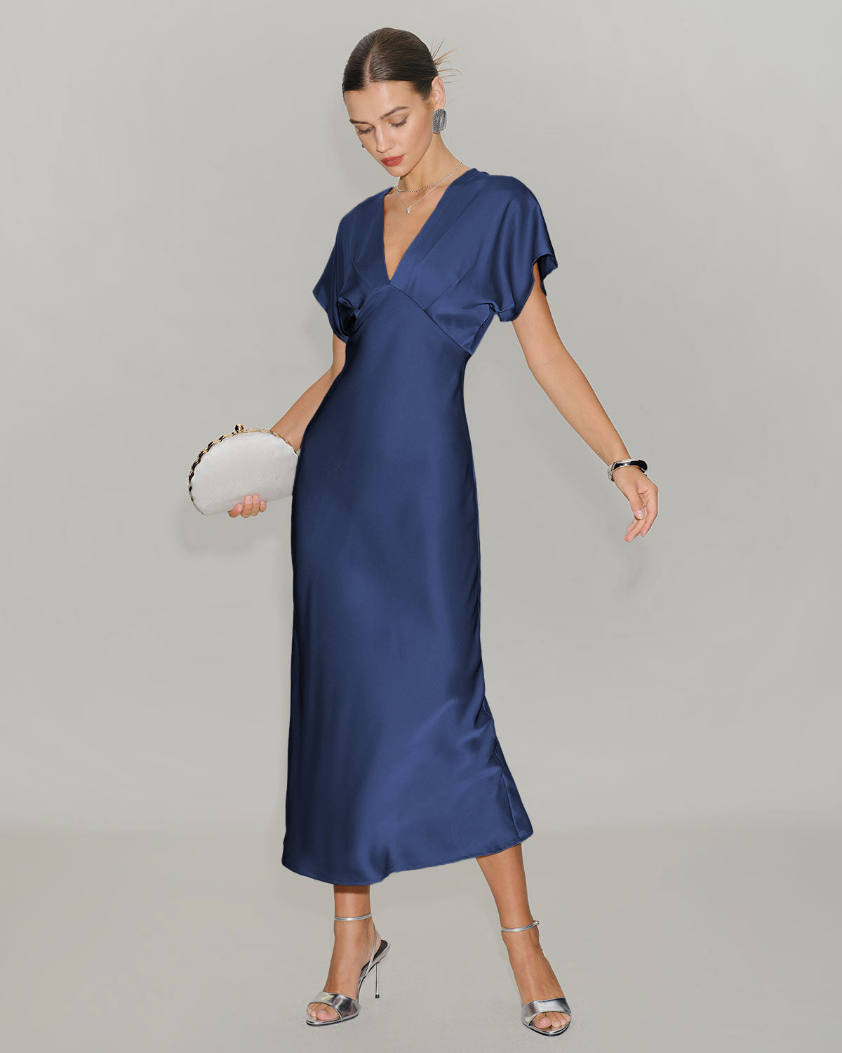 Vestido Midi de Satén con Mangas de Cowl