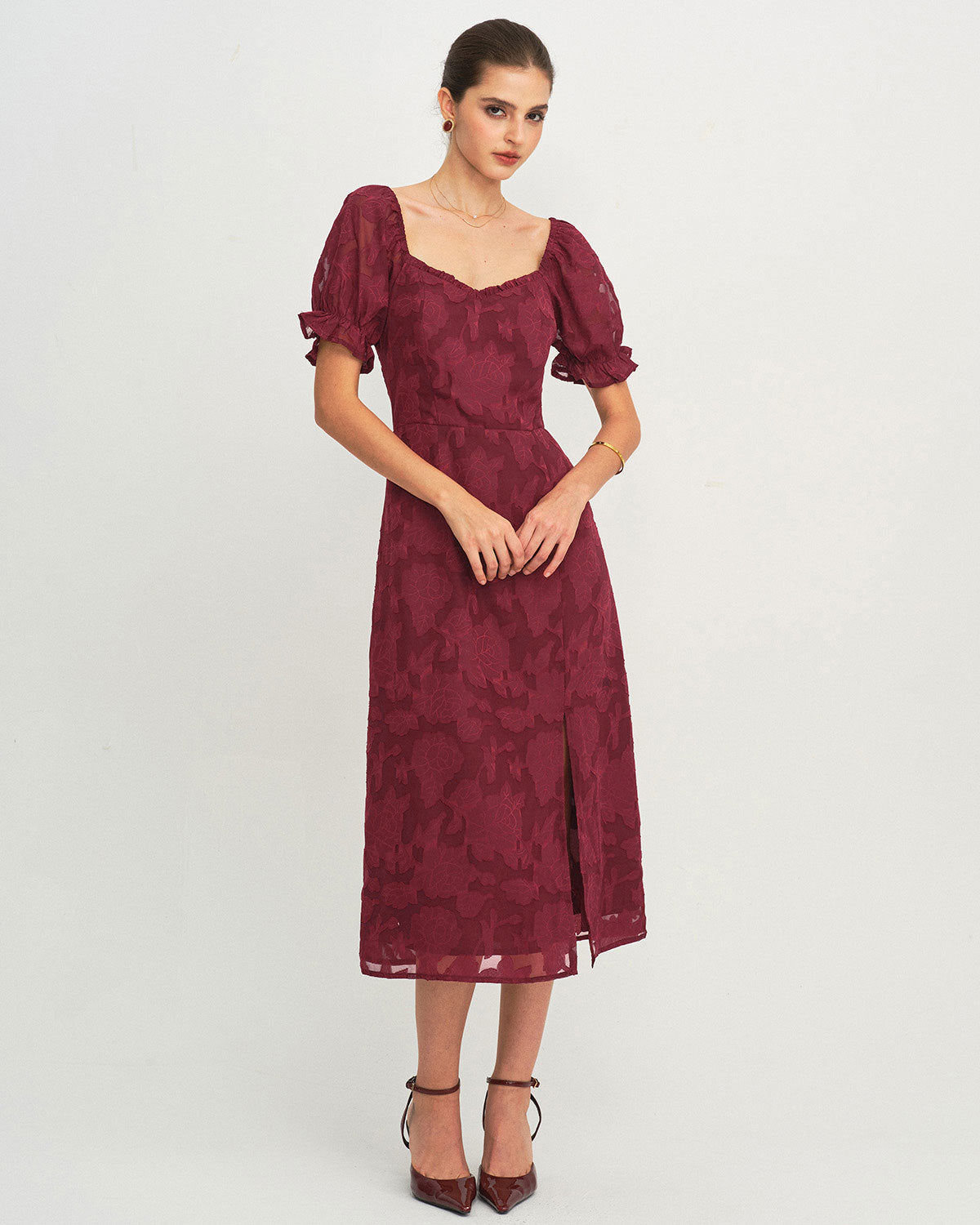 Vestido Midi Jacquard Rojo Vino con Abertura