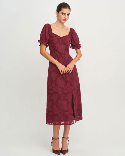 Vestido Midi Jacquard Rojo Vino con Abertura