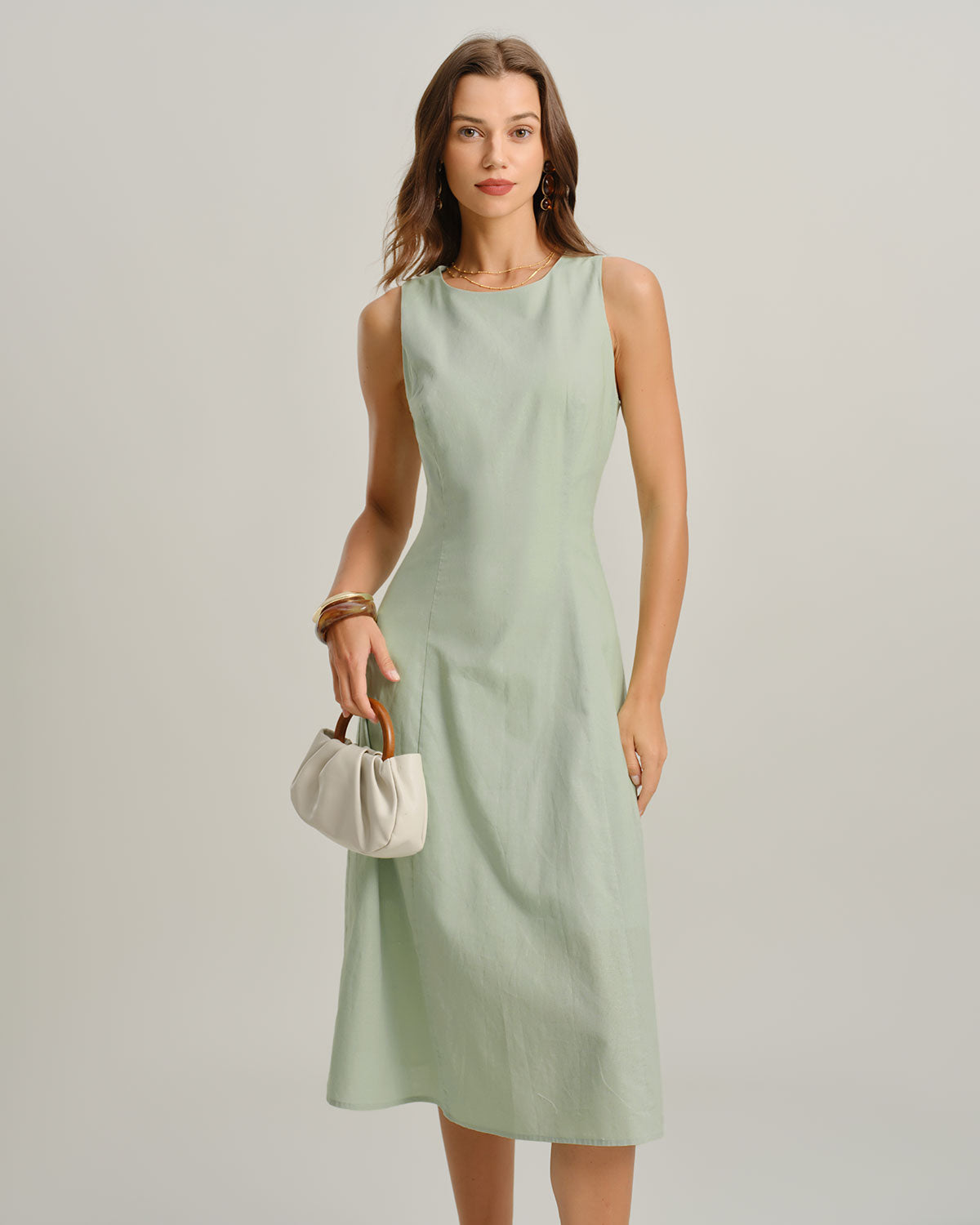 Vestido Midi Sin Mangas de Cuello Redondo Verde