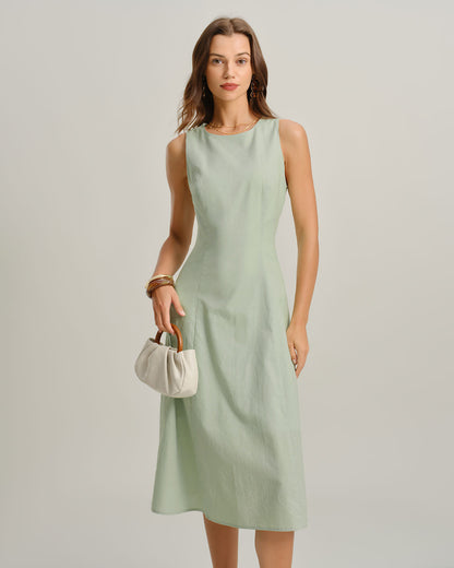 Vestido Midi Sin Mangas de Cuello Redondo Verde
