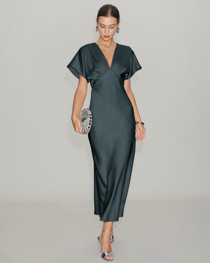 Vestido Midi de Satén Verde Gris con Mangas de Capucha