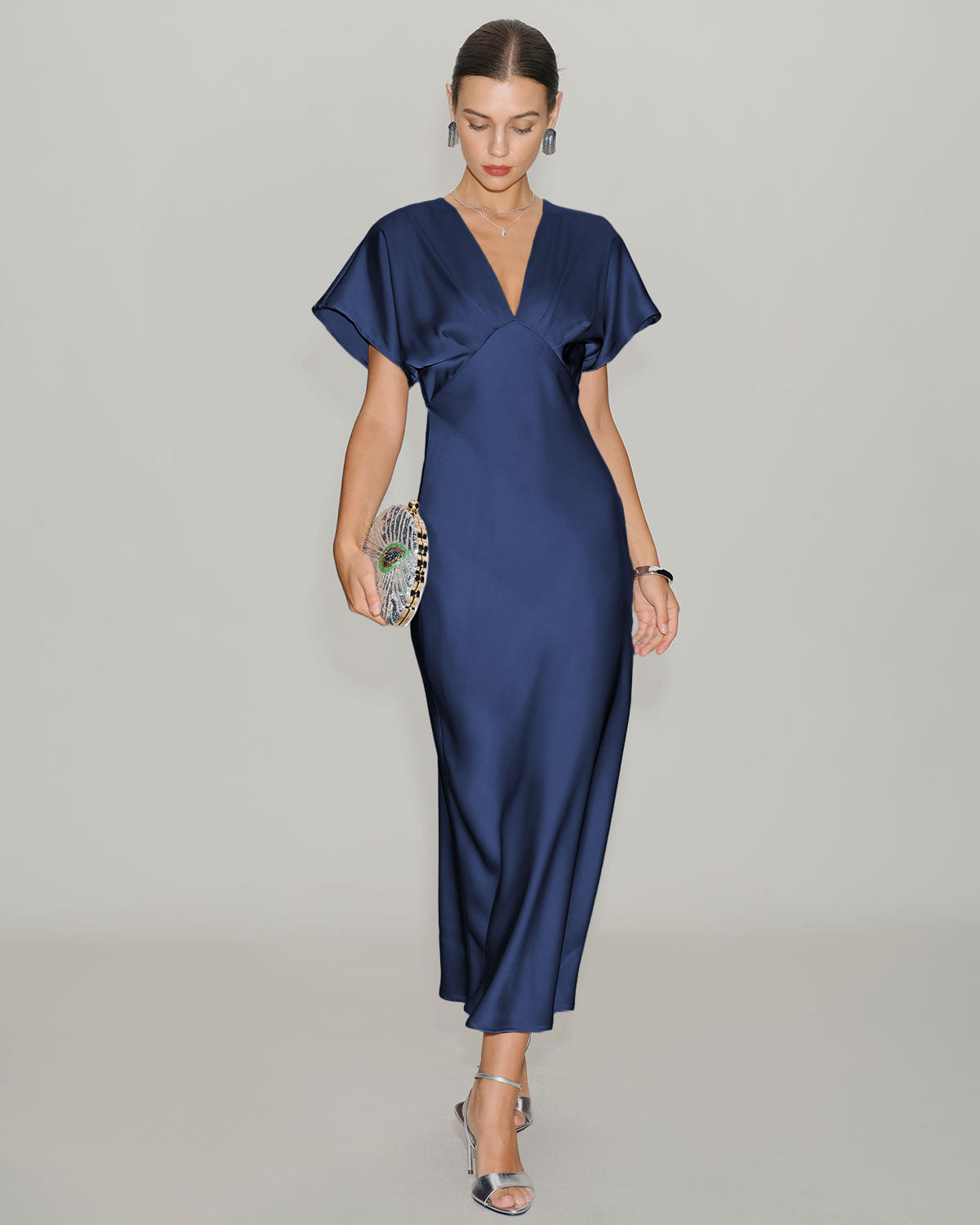 Vestido Midi de Satén con Mangas de Cowl