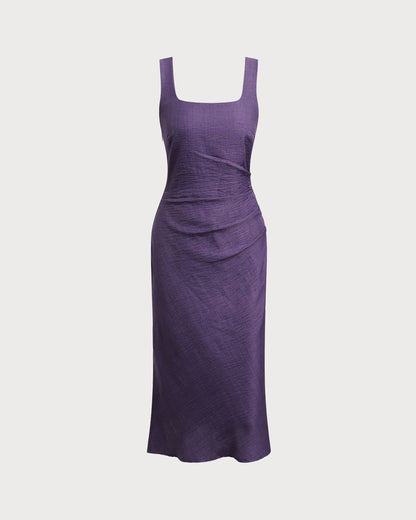 Vestido Midi Sin Mangas de Cuello Cuadrado Púrpura