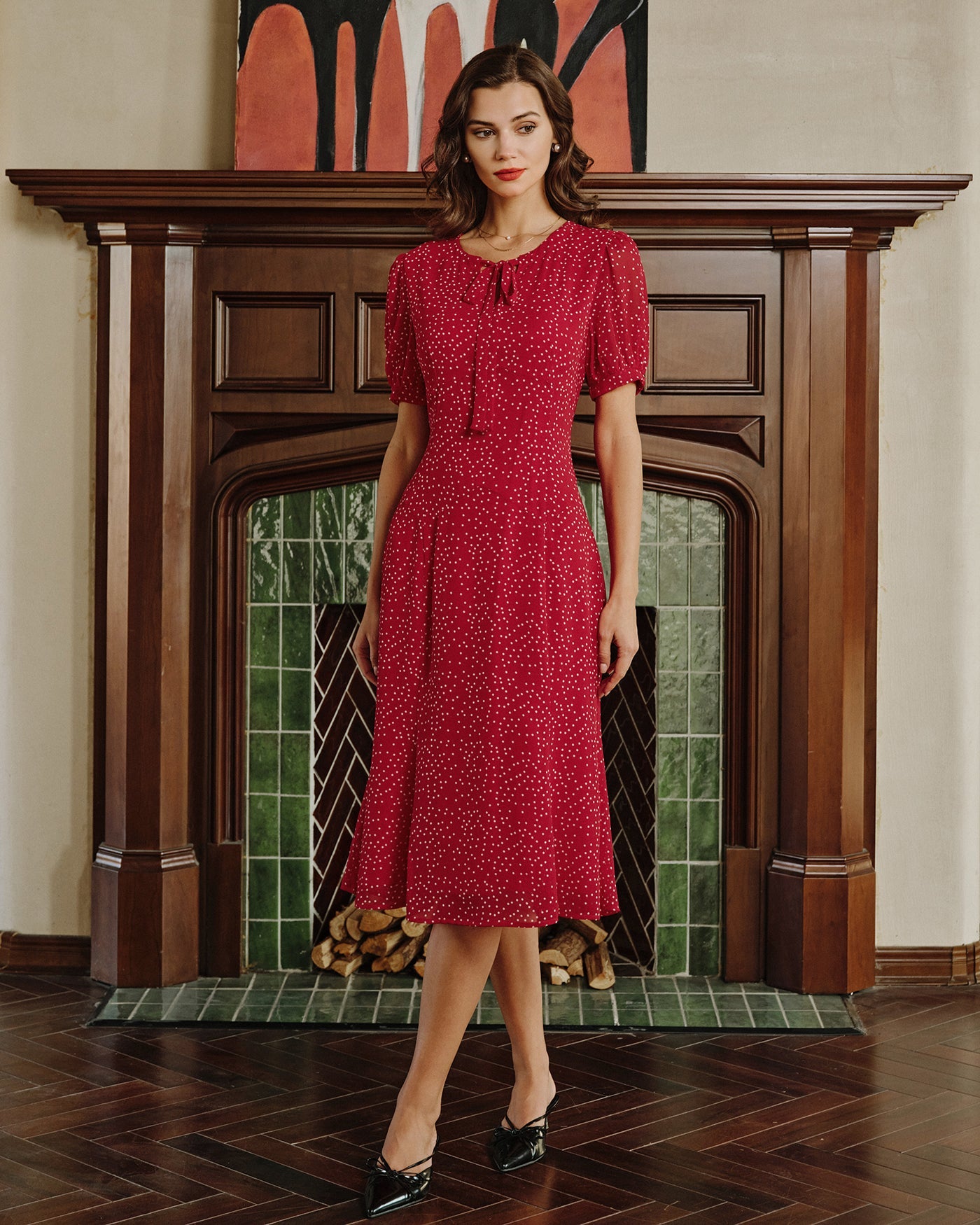 Vestido Midi de Chiffon con Lunares Rojos