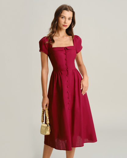 Vestido Midi A-Line de Cuello Cuadrado Color Vino