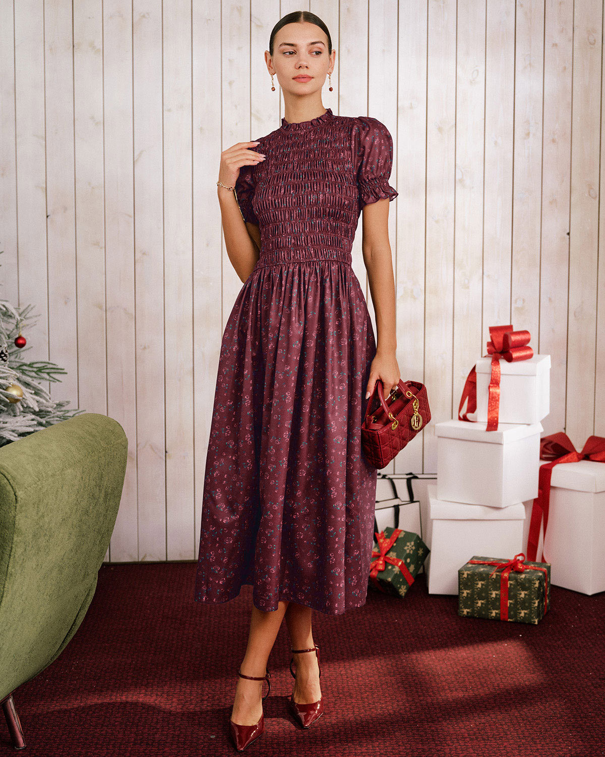 Vestido Midi de Manga Abullonada con Estampado Floral en Rojo Vino