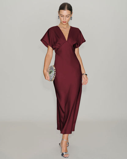 Vestido Midi de Satén Rojo Vino con Mangas de Cowl