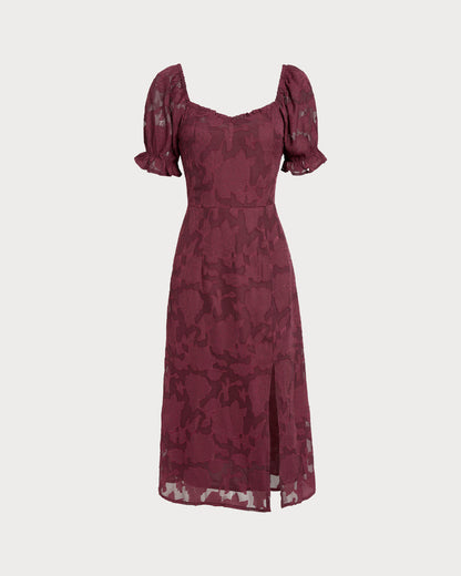 Vestido Midi Jacquard Rojo Vino con Abertura
