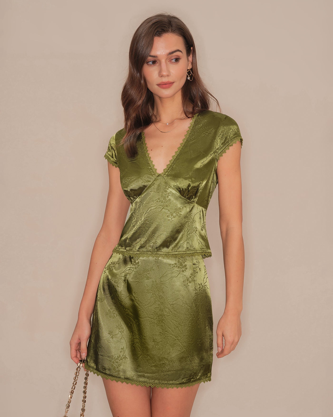 Falda Mini de Satén Floral Verde