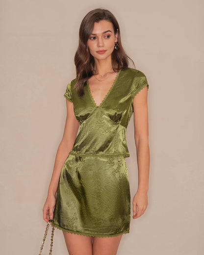 Falda Mini de Satén Floral Verde