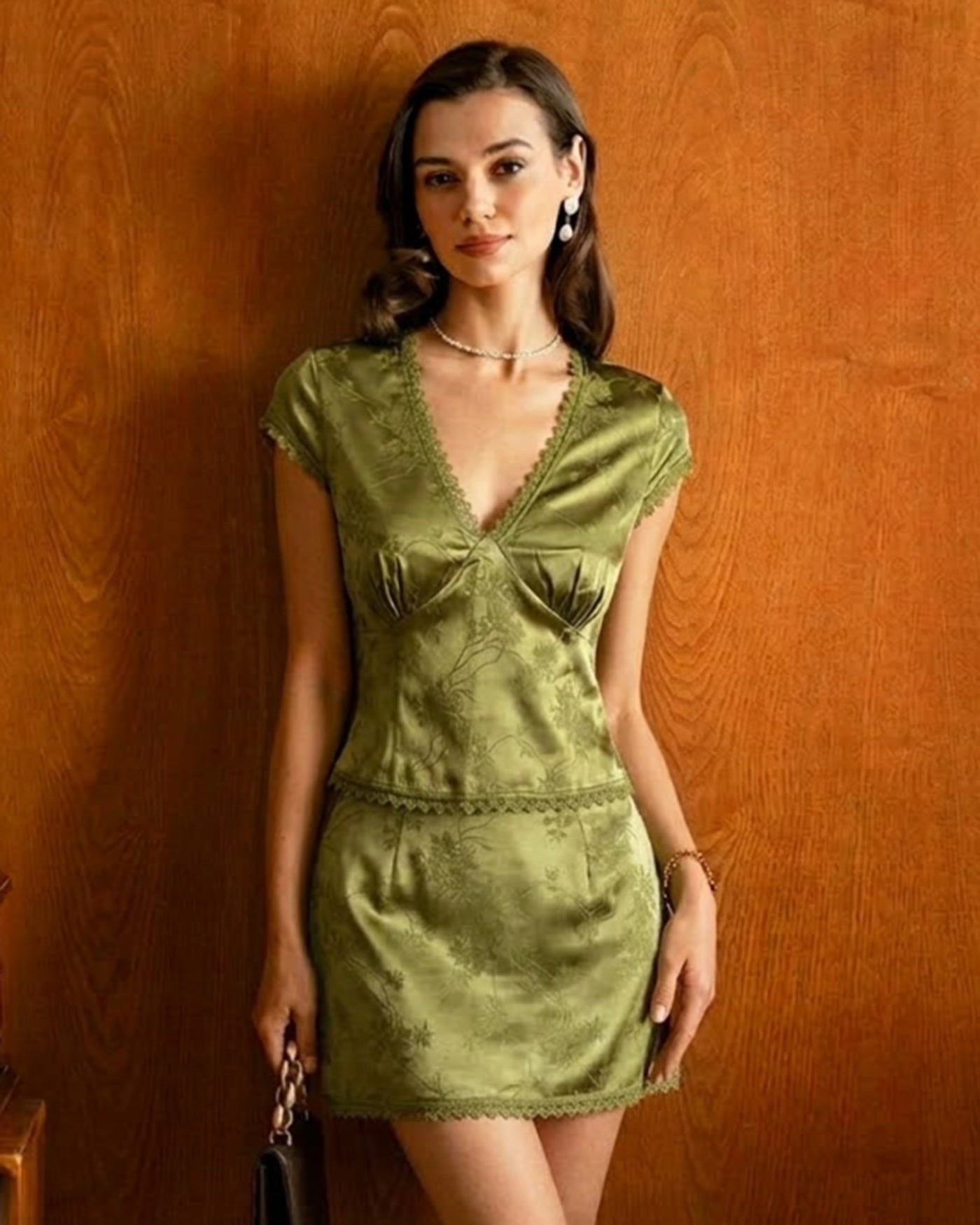 Falda Mini de Satén Floral Verde
