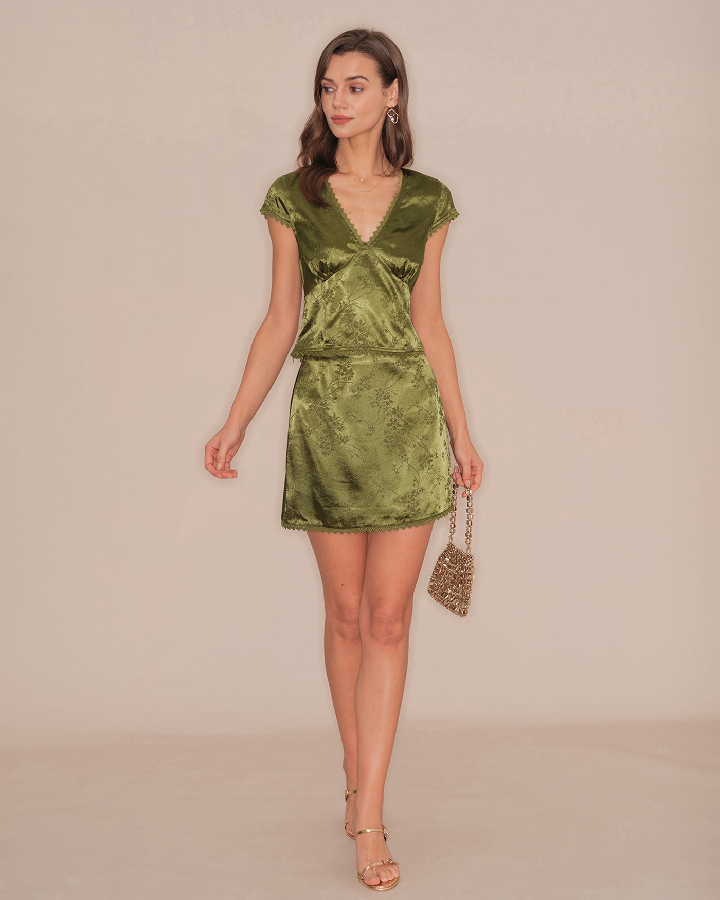 Falda Mini de Satén Floral Verde