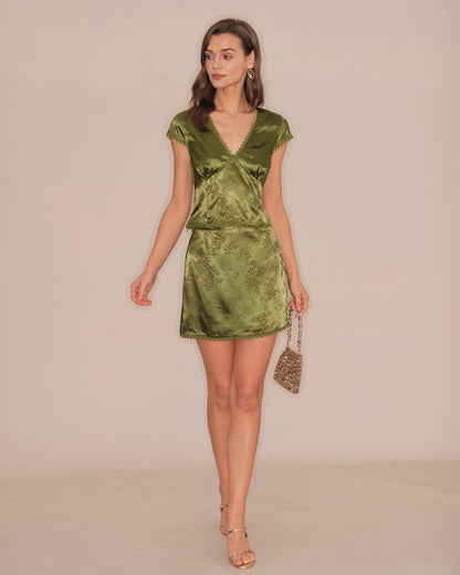 Falda Mini de Satén Floral Verde