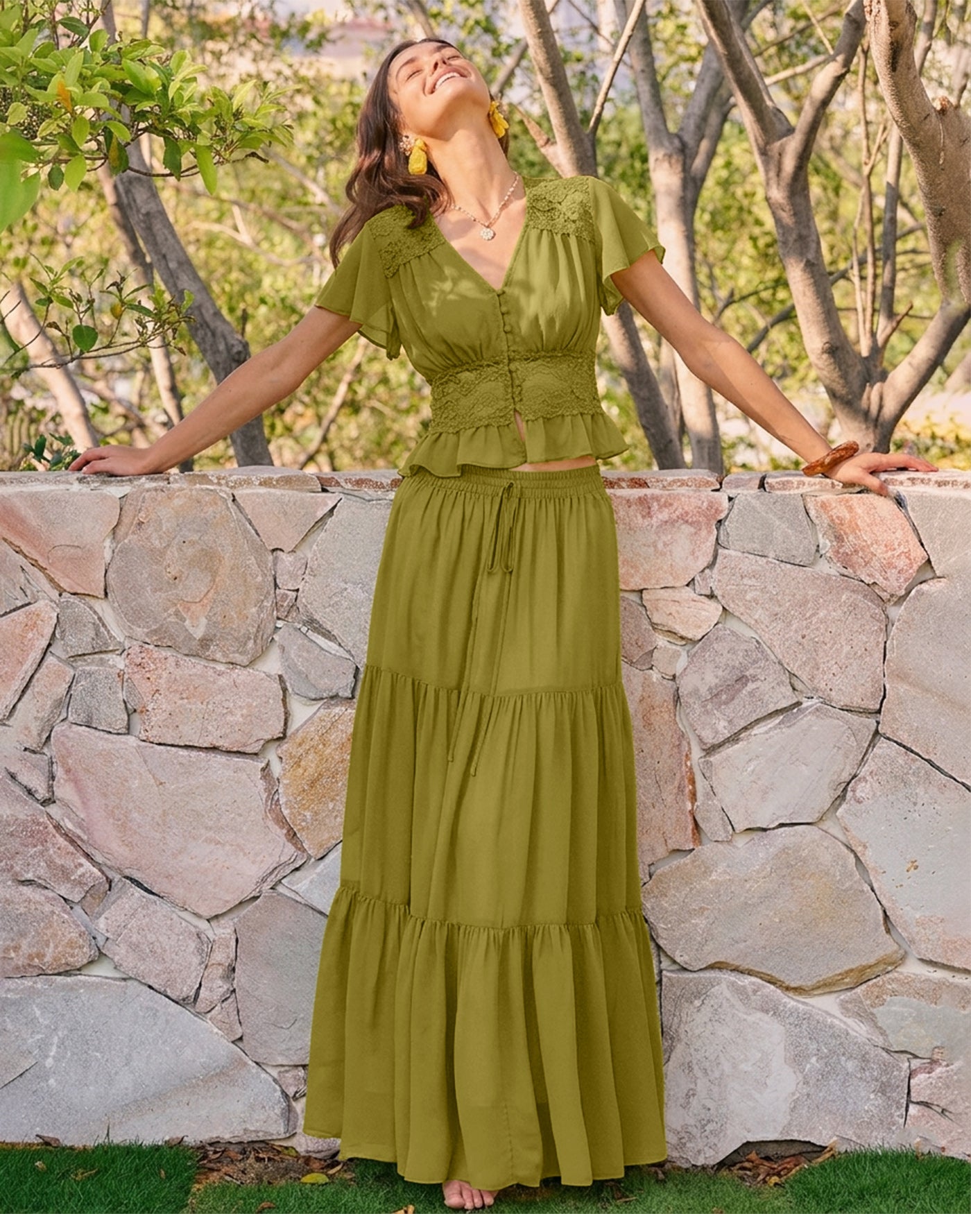 Falda Maxi de Chifón con Cintura Elástica Verde