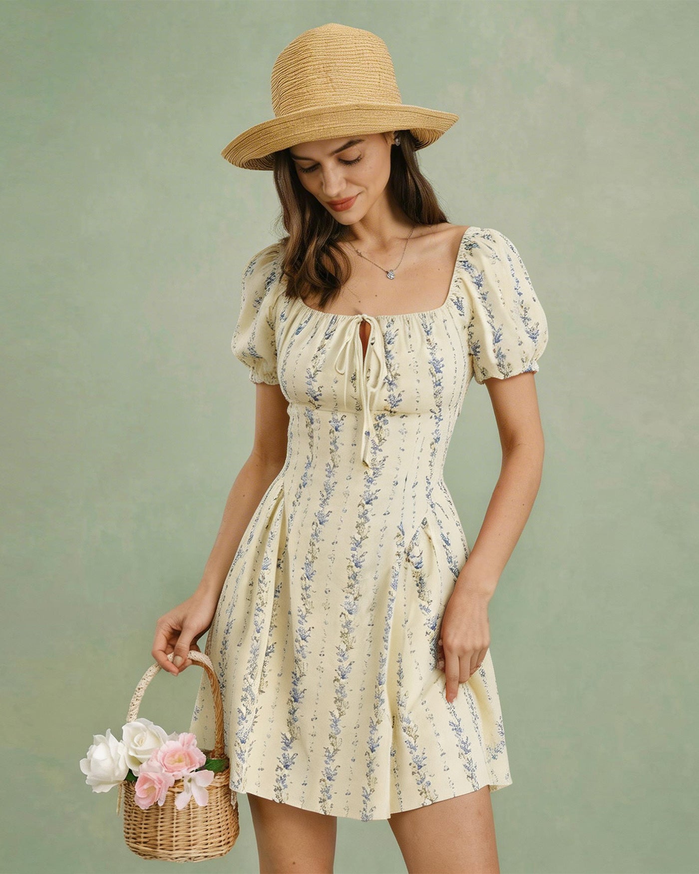 Vestido Mini Floral con Escote Cuadrado en Albaricoque