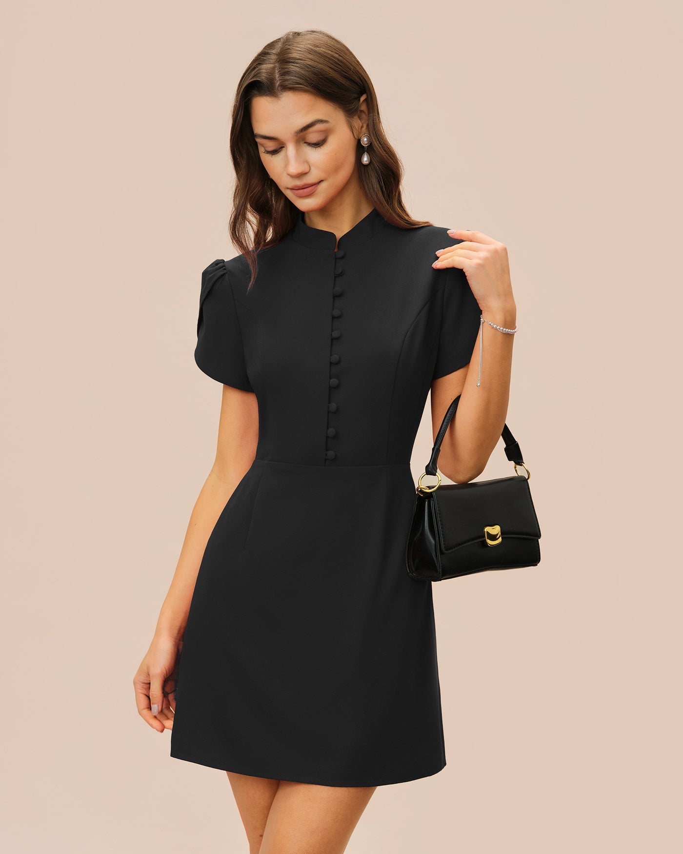 Vestido Mini de Manga Petalo con Cuello Chino Negro